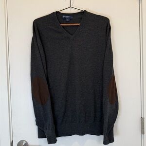 Cremieux Dark Gray V-Neck Sweater with Brown Elbow Patches